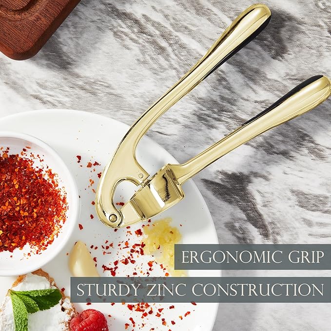 KITESSENSU Premium Garlic Press, Professional Garlic Mincer, Easy to Squeeze and Clean, Rust Proof & Dishwasher Safe, Efficient Ginger Crusher - Golden