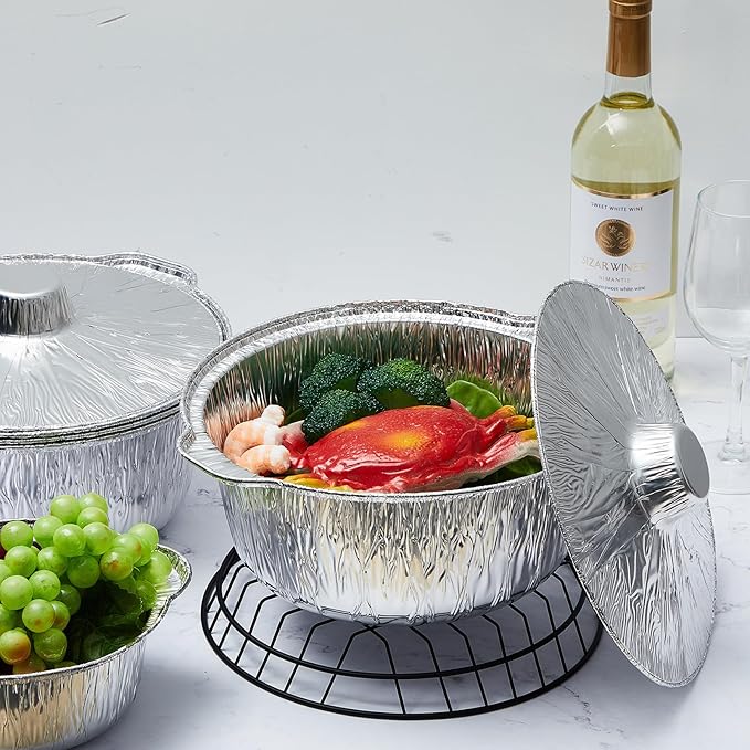 12 Pcs Disposable Aluminum Pot with Lid Round Foil Pans Disposable Cookware Food Container for Vacation Trips Camping Baking Heating Cooking (121.7 oz)