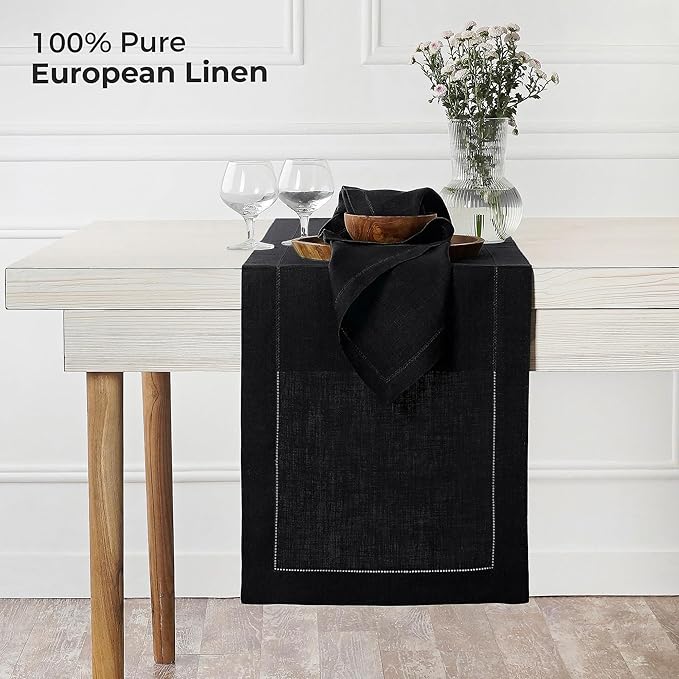 D'Moksha Homes Linen Black Table Runner 48 Inches - Classic Hemstitch, 100% Pure Linen Coffee Table Runner 14 x 48 Inch Ideal for Dresser Tables - Summer, Fall and Halloween