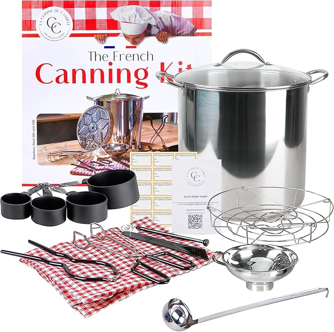 Canning pot with rack and lid - Water bath canner for canning - Complete premium canning kit with large Pot 21.5 Qt in stainless steel 304 - The French canning kit by La Cuisine de Camille