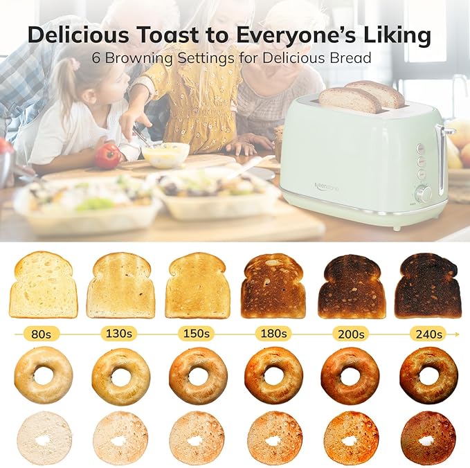Toaster 2 Slice Stainless Steel Toaster Retro with 6 Bread Shade Settings, Bagel, Cancel, Defrost Function, 2 Slice Toaster with Extra Wide Slot, Removable Crumb Tray
