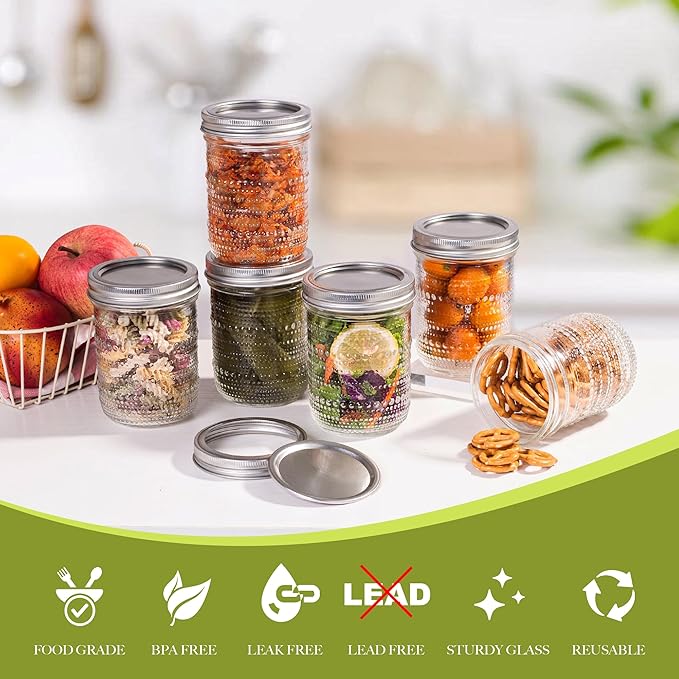 Mason Jars 16 Oz with Lids 6 Packs, Vintage Wide Mouth Glass Canning Jar for Pickling, Fermenting, Storing, Canning, Home Decor, Salad Jam and DIY Crafts