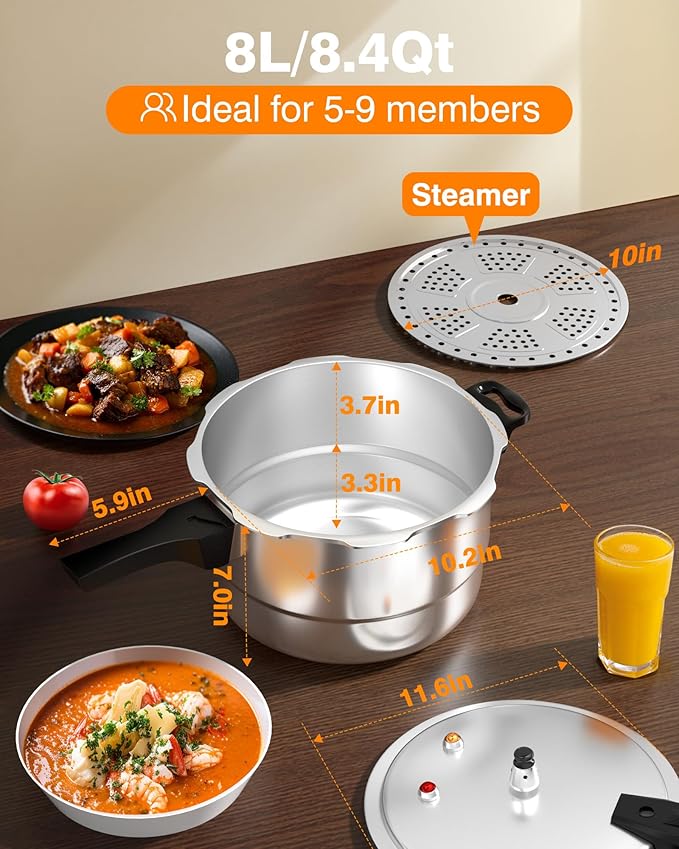 WantJoin 8Qt Aluminum Pressure Cooker w/Release Valve & Multiple Protective Devices,Pressure Canner Compatible with Gas & Induction Cooker,Canner Rack Included