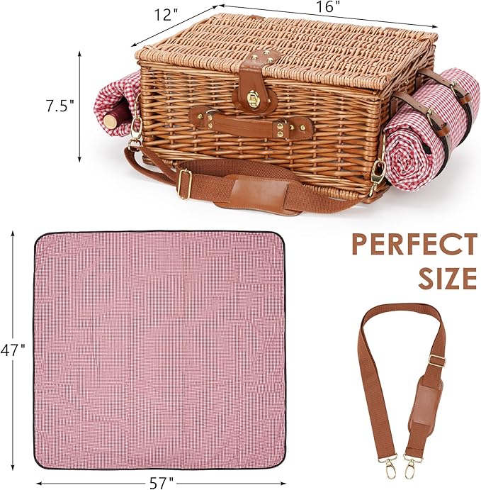 Picnic Basket for 4, Insulated Willow Picnic Baskets with Shoulder Strap, Picnic Hamper with Waterproof Picnic Blanket, Handmade Wicker Hamper for Outdoor, Great Gifts for Thanksgiving, Christmas