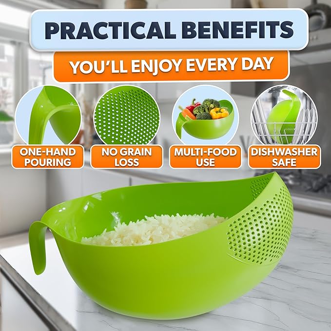 Rice Strainer with Handle - Lightweight Rice Washer Strainer Bowl with Smart Design for Easy Water Draining, Easy to Use & Clean ABS Plastic Colander with Handle for Cereals, Pasta, Vegetables, Fruits
