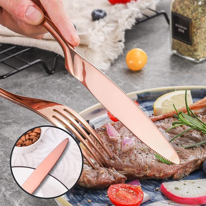 Lemeya 20-Piece Rose Gold Silverware Set for 4,Heavy Duty 18/10 Stainless Steel Cutlery Set with Forged Stand Knife,Modern Flatware Utensils Set,Forks Spoons and Knives Set,Dishwasher Safe