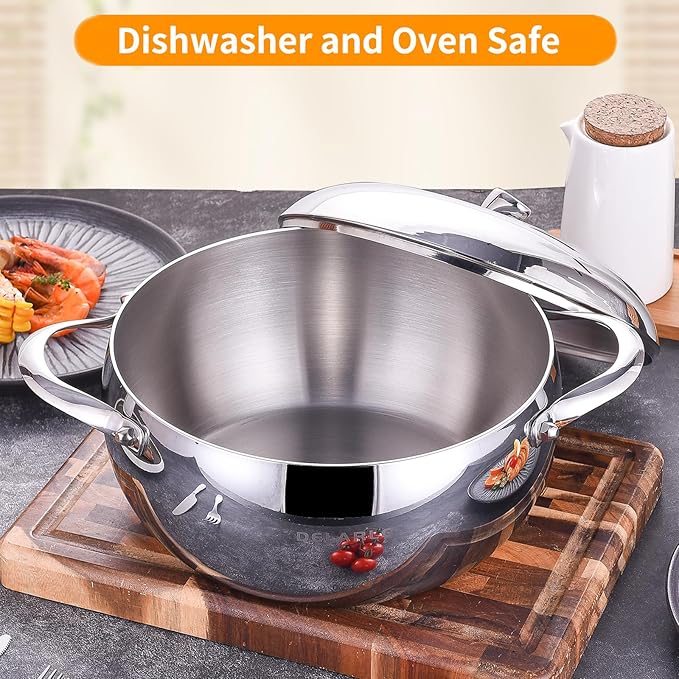 DELARLO Tri-Ply Stainless Steel 5 Quart Dutch Oven With Lid,Induction Braiser Pan Rondeau Pot Dishwasher-Safe Compatible With All Cooktops Up to 500℉