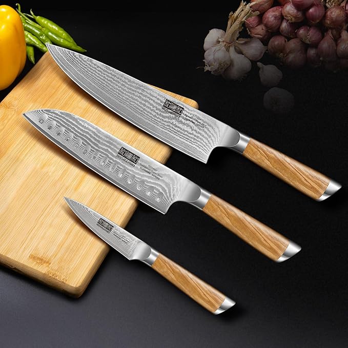 Damascus Kitchen Knife Set 3-Piece, Ultra Sharp 8" Chef Knife, 7" Santoku Knife, 3.75" Paring Knife, Professional VG-10 Damascus Super Steel Chef Knife Set with Ergonomic Handle