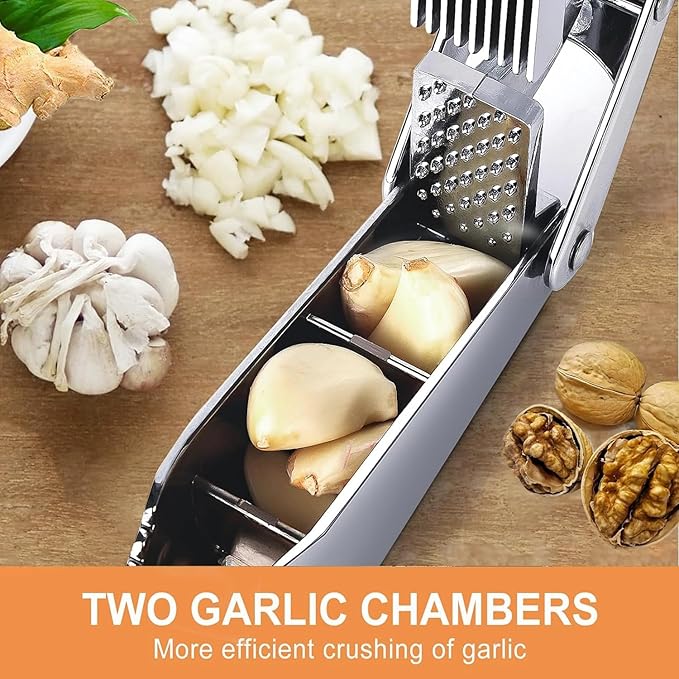 Garlic Press and Slicer 3 In 1, Food Grade Stainless Steel Garlic Mincer Chopper Crusher Garlic Press Kitchen Tool with Garlic Peeler Skin Remover and Clean Brush