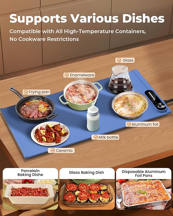 Warming Mat for Food - Space-Saving, Fits Two Baking Dishes, 7 Temp Settings, 4h Auto Shut-Off, Durable Silicone Surface, Easy to Clean, Perfect for Parties and Everyday Use (Blue, Medium)