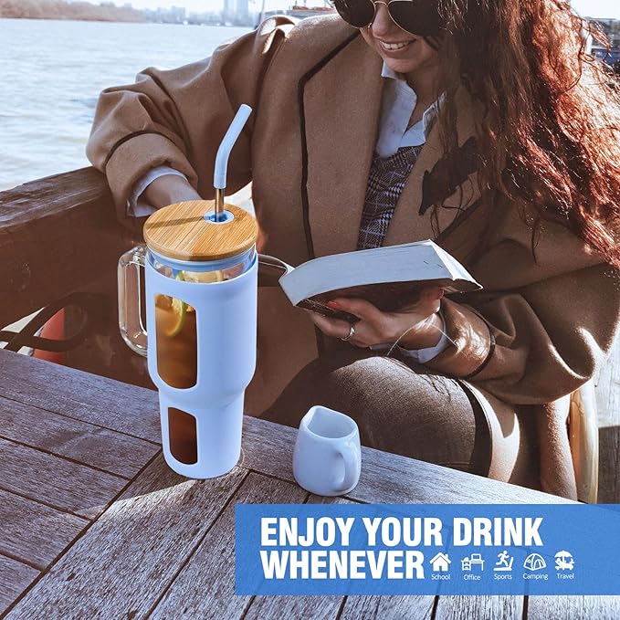 Glass Tumbler with Lid and Straw, 46 oz Iced Coffee Cup with Handle, Large Water Bottles with Silicone Sleeve, Glass Cup with Straws - Pearl Straw & Drinking Straw BPA Free-Glacier