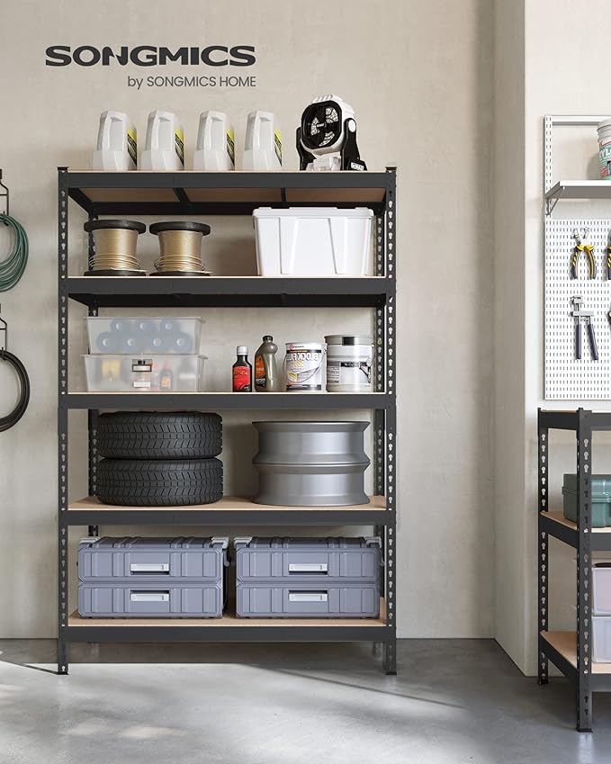 SONGMICS 5-Tier Storage Shelves, Load 2310 lb, Garage Storage, Boltless Assembly, Adjustable Shelving Unit, 23.6 x 47.2 x 70.9 Inches, for Study Shed Basement, Black and Natural Beige UGLR600B01