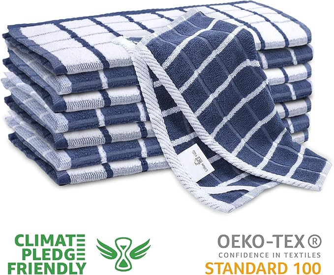 Urban Villa Dish Cloths Terry Cotton Pack of 6, Highly Absorbent Quick Drying Super Soft Premium Dish Towels for Kitchen with Hanging Loop Hand & Tea Towels - 12x12 Inch, (Blue & White, Checks)