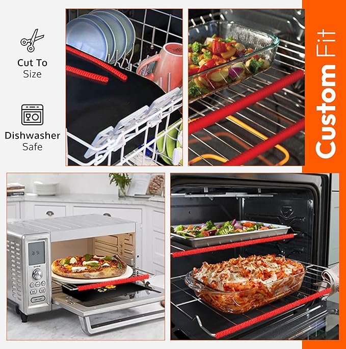 Oven Liners for Bottom of Oven Black (2-pack) Bundled with Rack Shield (2-pack) - Large Mat for Bottom of Range (17"x 25") and 14" Orange Stove Guards for Racks - Reusable & Heat Resistant