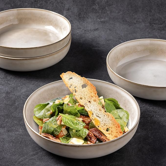 GBHOME 9'' Large Ceramic Pasta Bowls, 38oz Stoneware Pasta Serving Bowls Set of 4 for Kitchen, Wide Bowls for Fruit,Pasta,Salad,Oatmeal,Meal, Microwave Safe, Reactive Glaze-Cappuccino
