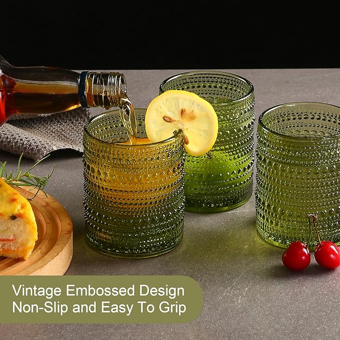 Vintage Glassware Drinking Glasses Set of 6,12 oz Hobnail Glass Cups,Embossed Green Water Tumbler,for Beer,Cocktail,Whiskey,Juice and Various Mixed Drinks- 1 Cleaning Brush