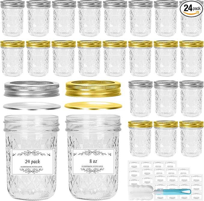 8 oz Glass Mason Jars, 24 Pack Regular Mouth Glass Canning Jars with Silver and Gold Aluminum Lids and Bands, Airtight Jam Jars for Food Storage, Pickling, Fermenting, Honey, DIY Candles Decor