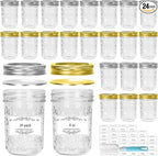 8 oz Glass Mason Jars, 24 Pack Regular Mouth Glass Canning Jars with Silver and Gold Aluminum Lids and Bands, Airtight Jam Jars for Food Storage, Pickling, Fermenting, Honey, DIY Candles Decor