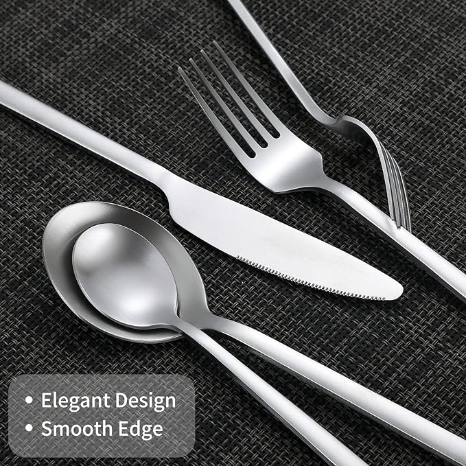 40-Piece Silver Silverware Set, Rectangular Flatware Set for 8, Matte Stainless Steel Cutlery Set, Food-Grade Utensils Set, for Home Kitchen Restaurant, Dishwasher Safe