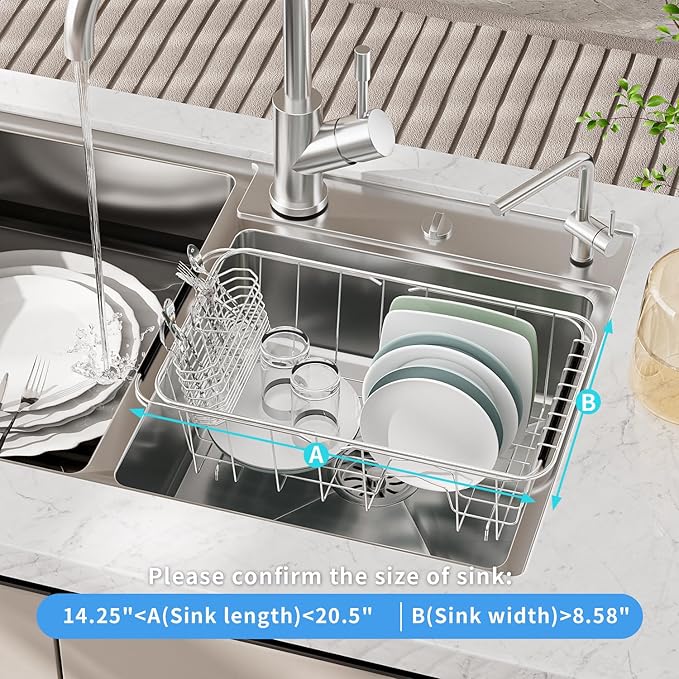 JAQ Small Dish Drying Rack in Sink Adjustable 14.25" to 20.55", Expandable 304 Stainless Steel Metal Dish Drainer Rack Organizer with Stainless Steel Utensil Holder Over Sink Counter (for 1-2 People)