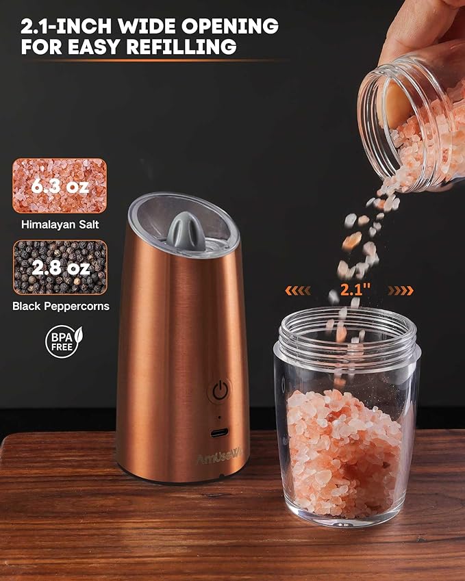 AmuseWit Gravity Electric Salt and Pepper Grinder Set [White Light] USB Rechargeable Automatic Pepper and Salt Mills,Adjustable Coarseness,One-Handed Operation, Copper