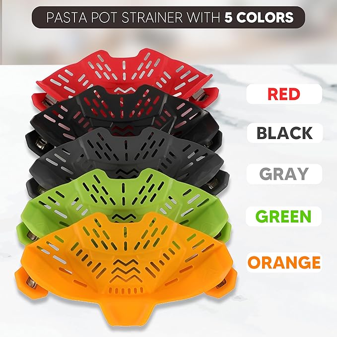 Clip On Strainer, Pot Strainer for Pasta, Vegetables, Fruit and Meat- Kitchen Silicone Strainer Colander for All Pots, Pans and Bowls (Black)
