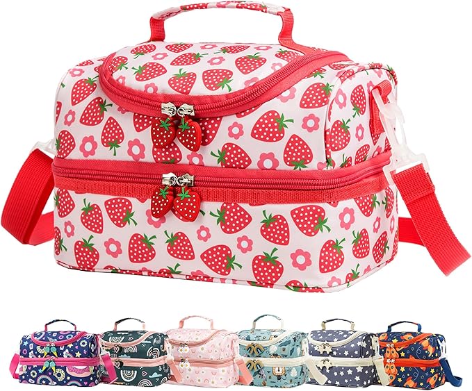 Insulated Kids Dual Compartment Lunch Bags Tote for Girls Boys Toddler Lunch Boxes Pre-School Toddler Kindergarten Picnic Camp Food Cooler Thermal with Strap (Bright Strawberry)