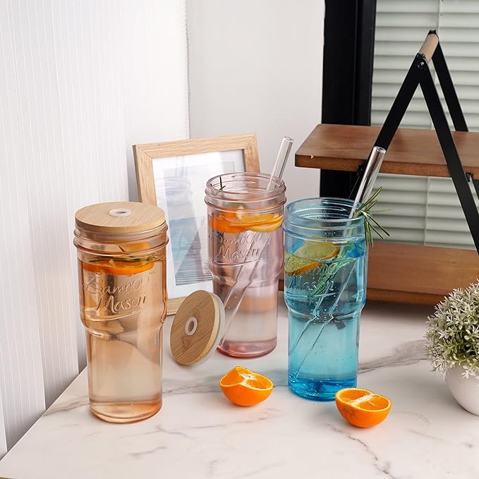 ANOTION Colored Glass Cups with Lids and Straws - 24oz Travel Coffee Mug Wide Mouth Mason Jar Iced Coffee Cup Smoothie Cup Glass Tumbler Tea Cup Clear Cute Water Cups Colorful Drinking Glasses