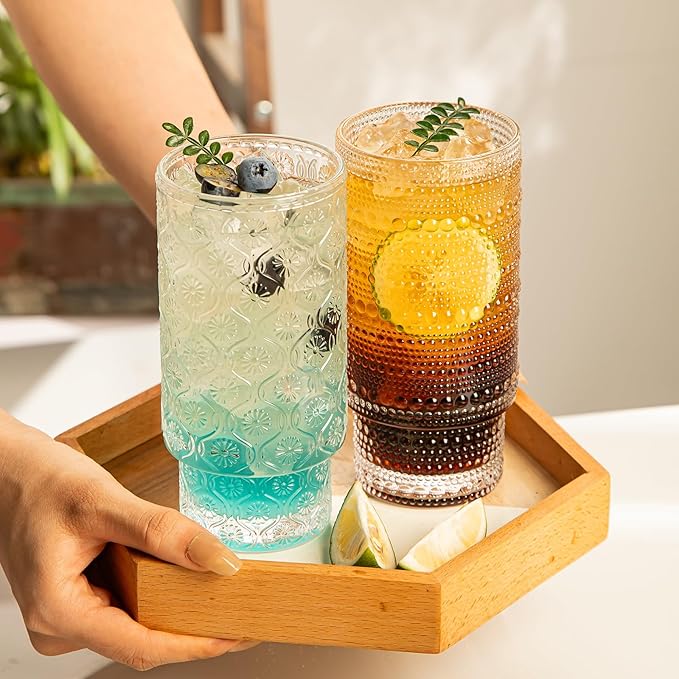 Drinking Glasses Set of 4, 16oz Textured Flower Design Cocktail Glasses, Stackable Old Fashioned Glass Cups, Vintage Glassware for a baby Shower Wedding for Kitchen and Bar - Dishwasher Clear