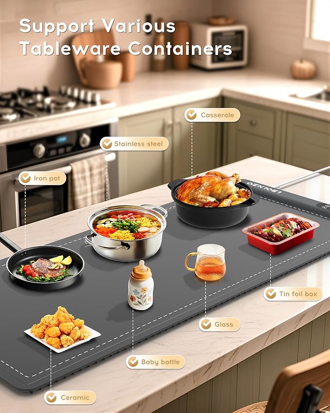 Warming Mat For Food Extra Large 36"x16" 580W Food Warmer Chafing Dishes for Buffet,Food Warming Mat,Food Warmers for Parties Buffet,Portable Heating Pad 6 Level Temp 6 Hour Timer