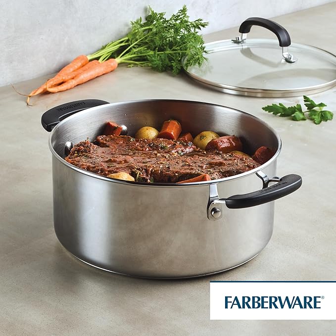Farberware Brilliance Stainless Steel Dutch Oven/Casserole Pan with Glass Lid, 5 Quart, Dishwasher Safe and Induction Ready, Compatible with All Cooktops, Stainless Steel