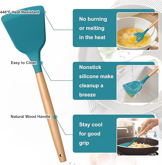 E-far Blue Silicone Cooking Utensils Set, 10-Piece Kitchen Utensils Set with Wooden Handle for Nonstick Cookware, Heat Resistant Kitchen Nonstick Tools Spatula Whisk Tongs Ladle, Non-toxic & Healthy