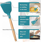 E-far Blue Cooking Utensils Set with Holder, 25-Piece Silicone Kitchen Utensil Set with Wooden Handle for Nonstick Cookware, 446°F Heat Resistant Kitchen Tool Spatula Tongs Whisk, Non-toxic & Healthy