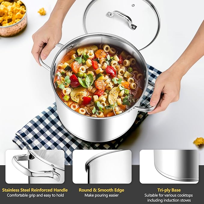 Stainless Steel Stock Pot, Homikit 24 Quart Large Stockpot Soup Pot with Lid, Tri-ply Bottom Cookware for Induction Gas Various Stovetops, Seafood Sauce Canning Cooking Pot for Large Group and Events