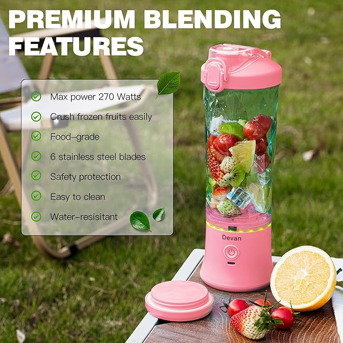 Pink Portable Blender - 270W USB Rechargeable, 20 oz BPA-Free Cup & Travel Lid for Shakes & Smoothies