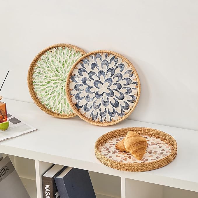 Round Rattan Tray for Home Decor 11.8 inch, Modern and Boho Decor Serving Tray with Mother of Pearl Inlay, Wicker Basket for Coffee Table, Hand Woven Decorative Tray Plates (Green)