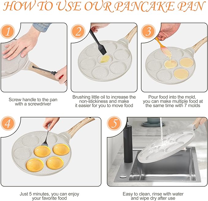 Pancake Pan Suitable for All Cooktops, 7-cup Pancake Maker, Nostick Granite Mini pancake with PFOA Free Coating, Sarten Para Pancakes 1-pcak