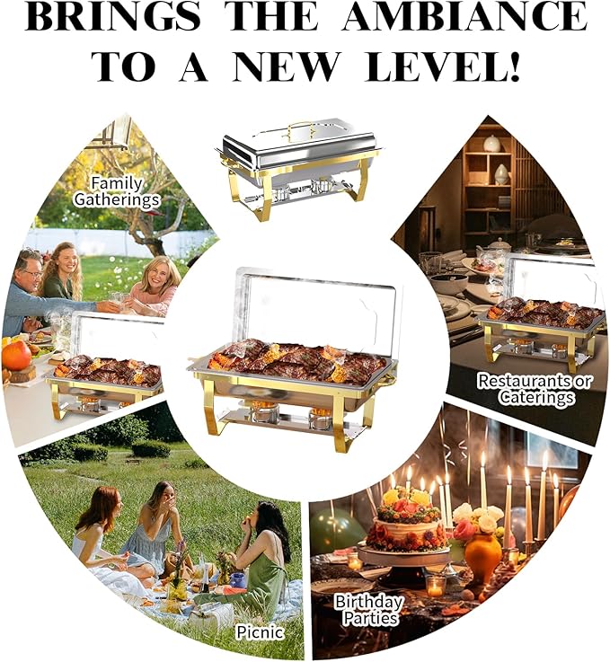Chafing Dishes for Buffet，4PK Food Warmers for Parties, Buffet Servers and Warmers,Semi Gold Chafing Dish Buffet Set, Elegant Catering Supplies Buffet Display Set