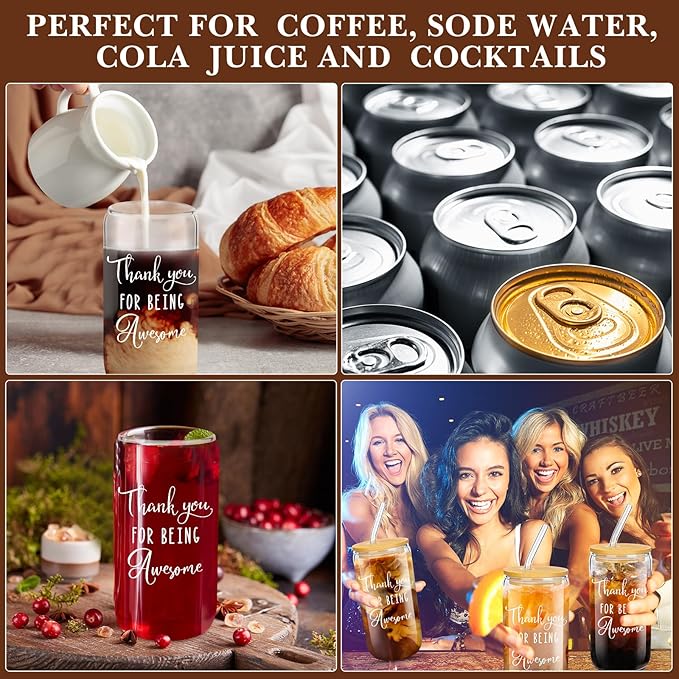 Layhit 24 Set Bulk Thank You Team Gifts Cups for Employees Staff Coworker Christmas Appreciation Gifts Thank You Glass Cups 16 oz Can Shaped Beer Glass with Lids Straws Brushes(Cute Style)