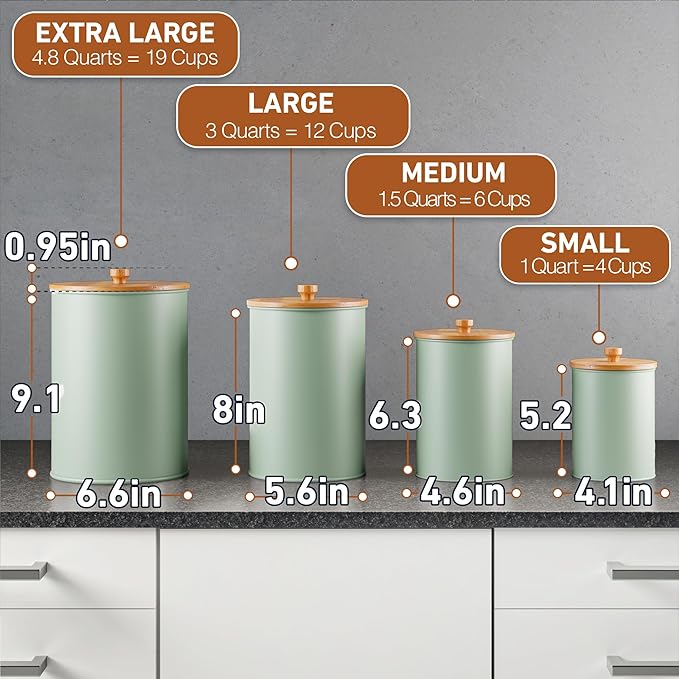 Kitchen Canisters for Countertop Set of 4 with Customizable Chalkboard Labels & Marker Pen - Big Iron Kitchen Canisters with Airtight Lids - Sage Green Canister Set - Flour and Sugar Containers