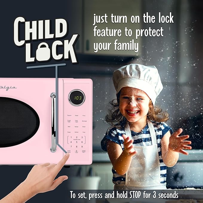 Nostalgia Retro 1000W Microwave Oven 1.1 Cu Ft Capacity – Child Safety Lock, 8 Auto-Cook Settings – Countertop Kitchen Appliance – Pink
