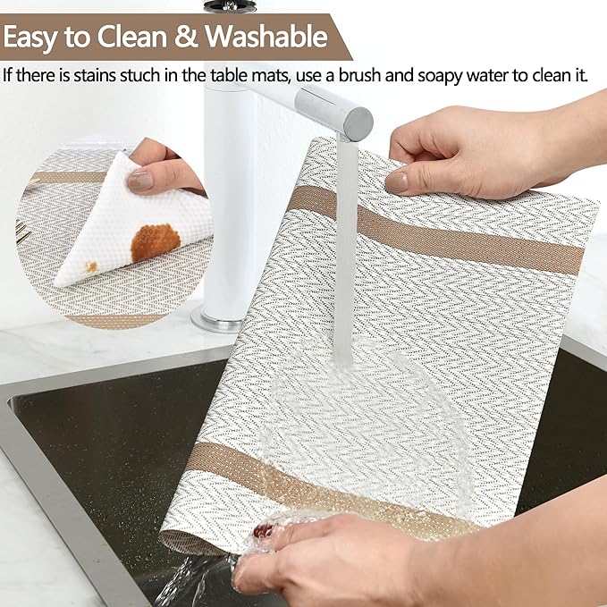 Beige White Placemats Set of 4 - Easy Clean Modern Washable Plastic Place Mats - Heat Resistant Placemats for Kitchen Table - PVC Table Mats for Dining Table(Beige White with Stripes, 4)
