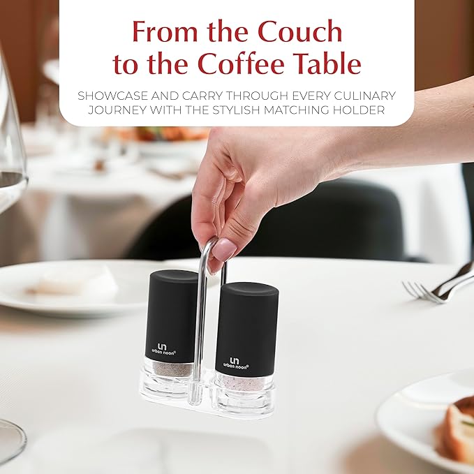 Black Salt and Pepper Shakers with Holder - Elegant Stainless Steel Salt Shaker and Pepper Shaker Set with Acrylic Holder for Kitchen Counter or Restaurant Table