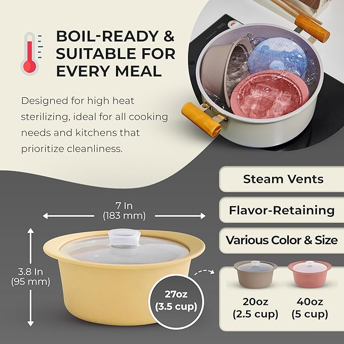 27oz Platinum Silicone Microwave Steamer Pot with Handle & Lid - Korean 100% Food-Grade Steamer Bowl, Heat-Resistant Cooker with Steam Holes, Easy Clean, Dishwasher Safe, Yellow