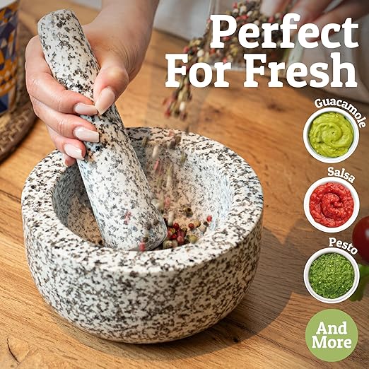 PriorityChef Heavy Duty Natural Granite Mortar and Pestle Set, 1.5 Cup, Carved from Natural Granite, Make Fresh Guacamole, Salsa, Pesto, Stone Grinder Bowl, Herb Crusher, Spice Grinder, White