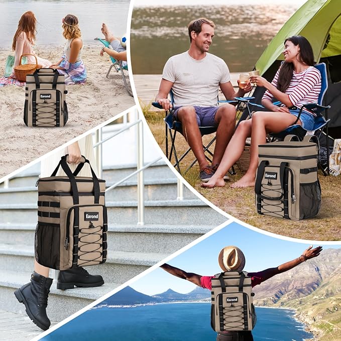 25L Insulated Cooler Backpack with Waterproof Zipper & Multi-Compartment Design Leakproof Lunch Bag for Beach, Camping, Office - Spacious Thermal Light-Weight Backpack for Men and Women-Khaki