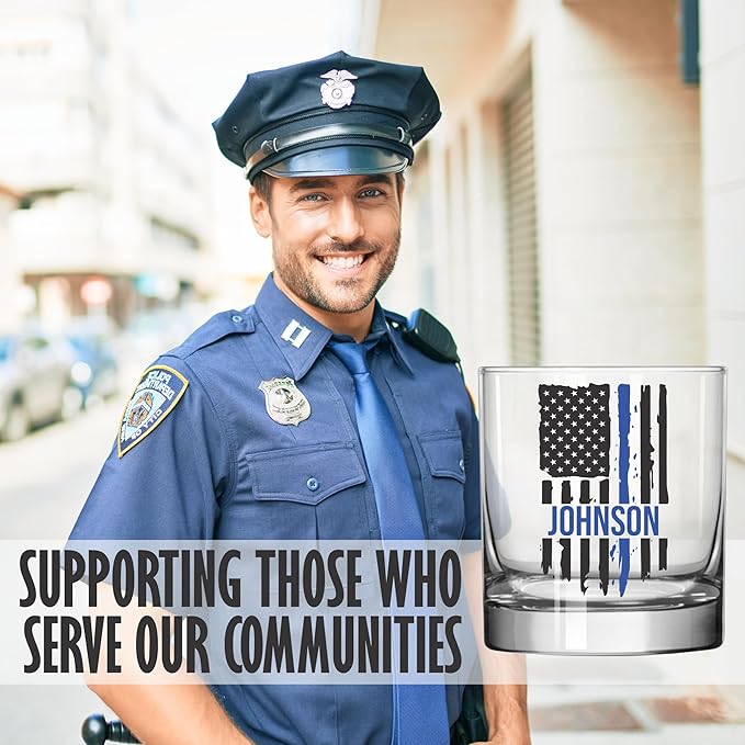 Blue Ridge Mountain Gifts - Thin Blue Line Whiskey Glass - Personalized Law Enforcement Glass, Police Officer Appreciation, Back the Blue, Police Academy Gift, First Responders Custom Glassware