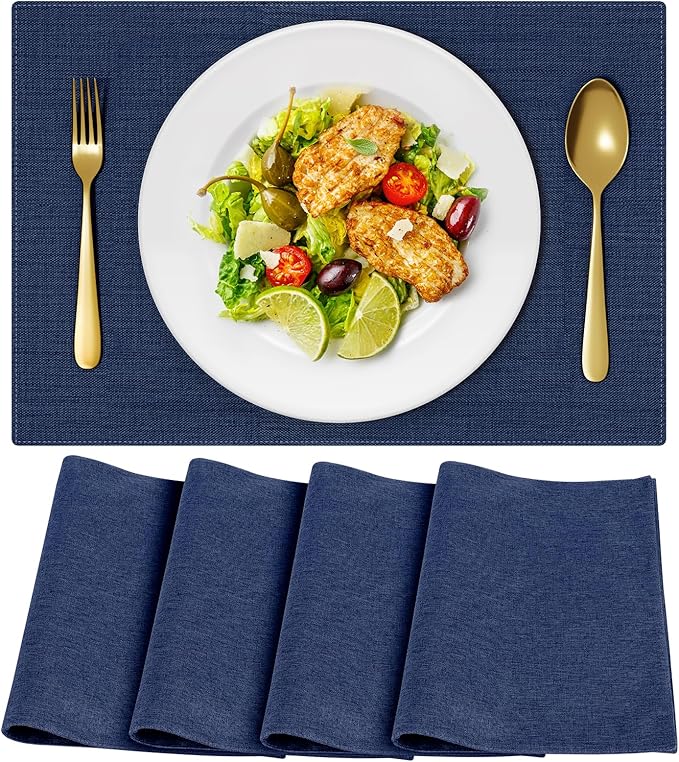 Cloth Placemats, Set of 4 Heat-Resistant Cotton Linen Blend Double Layered Machine Washable Place Mats, Wrinkle Free Thick Fabric Dining Table Mats for Indoors & Outdoors (Navy Blue, 4)