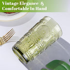 Joeyan Green Vintage Drinking Glasses,Embossed Boho Sunflower Highball Water Glass Tumbler,14 oz Colored Beaded Glassware for Beverages Juice Whisky Cocktail Beer Wine Milk of 4,Dishwasher Safe