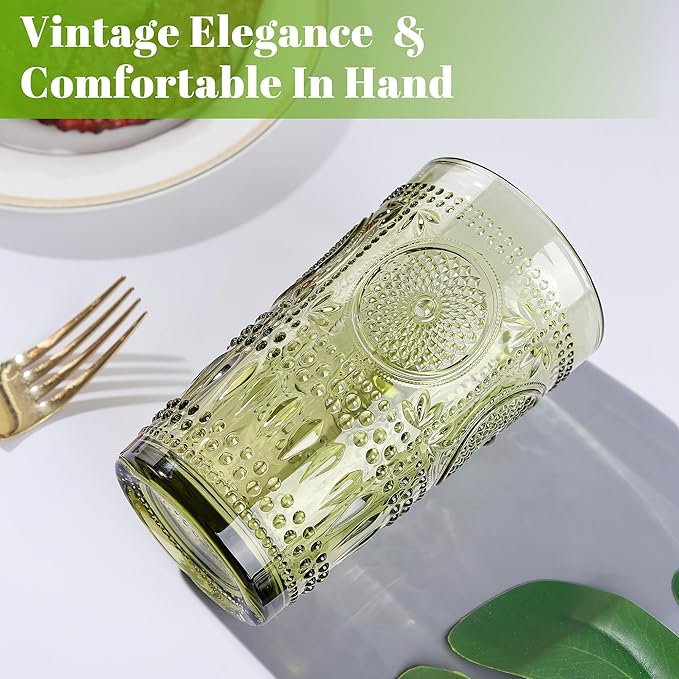 Joeyan Green Vintage Drinking Glasses,Embossed Boho Sunflower Highball Water Glass Tumbler,14 oz Colored Beaded Glassware for Beverages Juice Whisky Cocktail Beer Wine Milk of 4,Dishwasher Safe